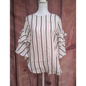 NWT Karen Kane Boho Coastal Blouse Ruffle bell sleeves red blue stripes Medium